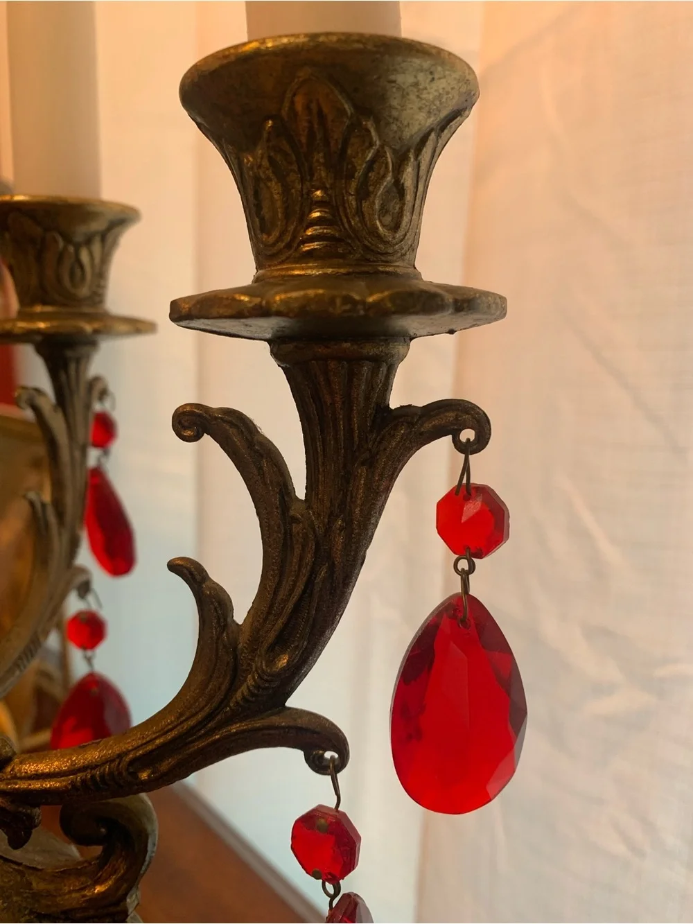 Antique-Style Ornate Brass Candelabra Pair with Red Crystal Drops